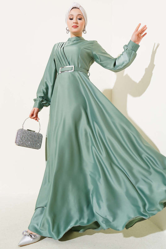 Front Cross Pleated Satin Dress Mint
