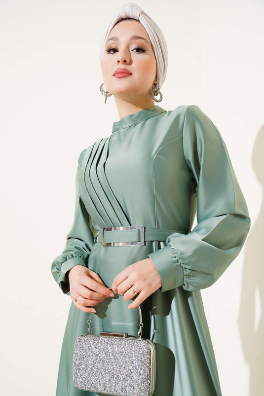 Önü Çapraz Piliseli Saten Elbise Mint