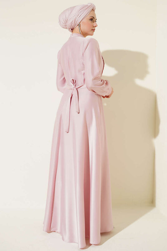 Front Cross Pleated Satin Dress Pink