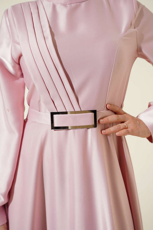 Front Cross Pleated Satin Dress Pink