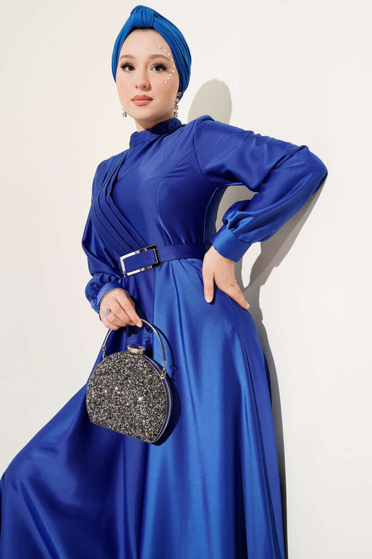 Satin Dress with Crossed Front Pleats