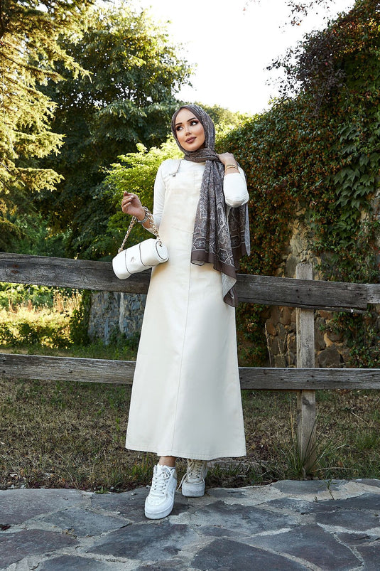 فستان حجاب منقوش بتفاصيل جيب أمامي، كريمي