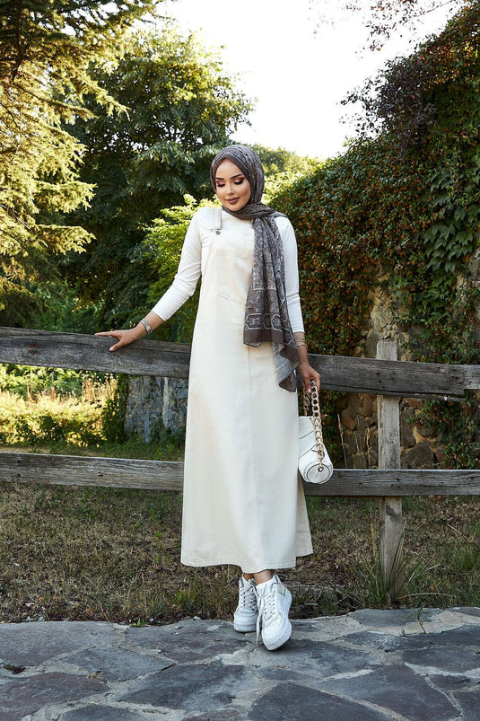 Hijab Plaid Dress with Front Pocket Detail, Cream