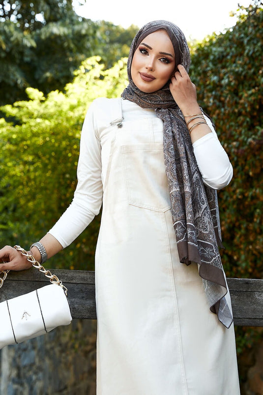 فستان حجاب منقوش بتفاصيل جيب أمامي، كريمي