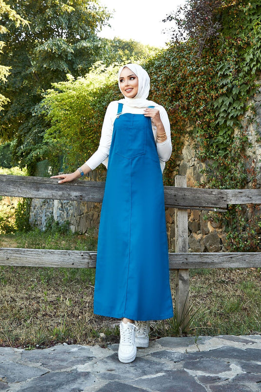 Hijab Plaid Dress with Front Pocket Detail Blue