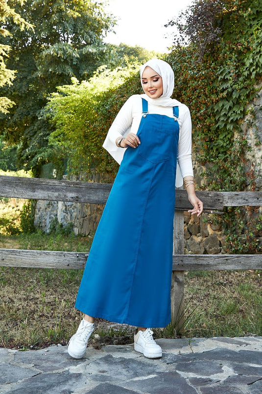 فستان حجاب منقوش بجيب أمامي أزرق