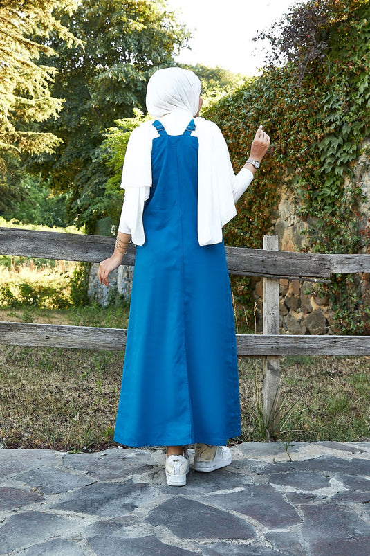 Hijab Plaid Dress with Front Pocket Detail Blue