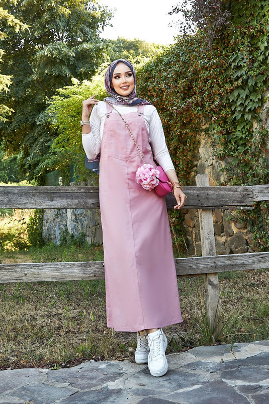 Pink Hijab Plaid Dress with Front Pocket Detail