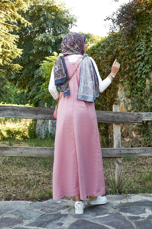 Önü Cep Detaylı Tesettür Salopet Elbise Pembe