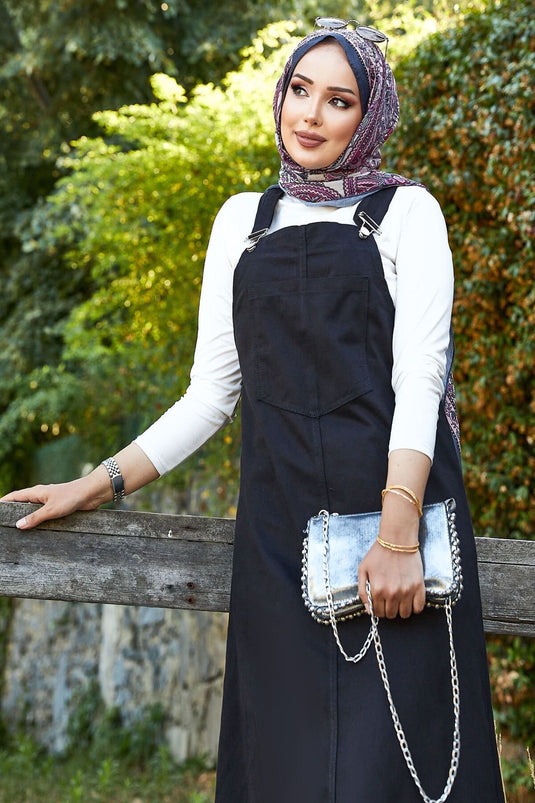 فستان حجاب منقوش بتفاصيل جيب أمامي، أسود