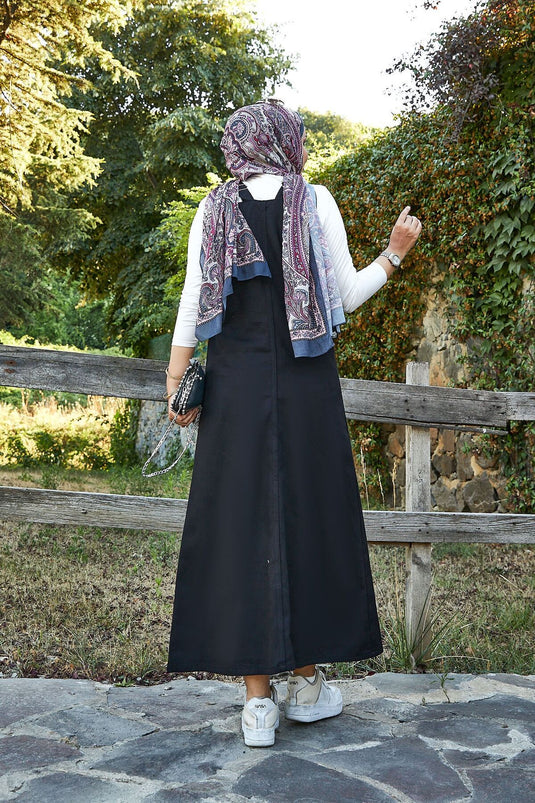 فستان حجاب منقوش بتفاصيل جيب أمامي، أسود