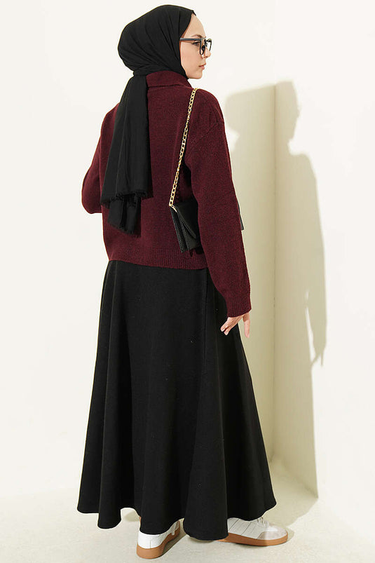 Bordeaux Strickjacke Mit Goldenen Knöpfen Und Fronttasche