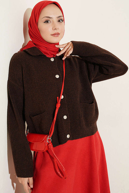 Cardigan Marrone Con Bottoni E Zip, Con Tasche