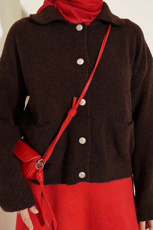 Cardigan Marrone Con Bottoni E Zip, Con Tasche