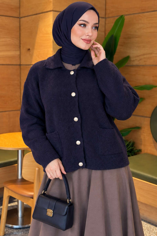 Chaqueta De Punto Azul Marino Con Bolsillos Dorados Y Botones