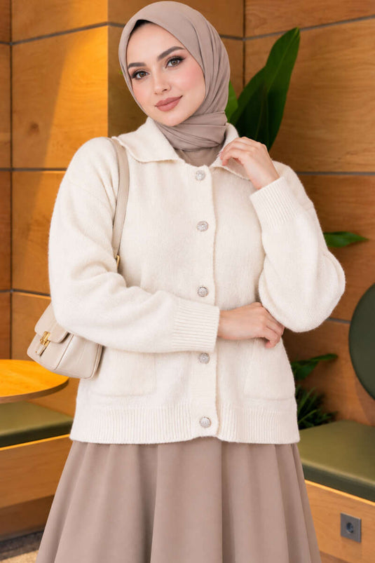 Gilet En Maille Doré À Boutons Avec Poches Et Ornements