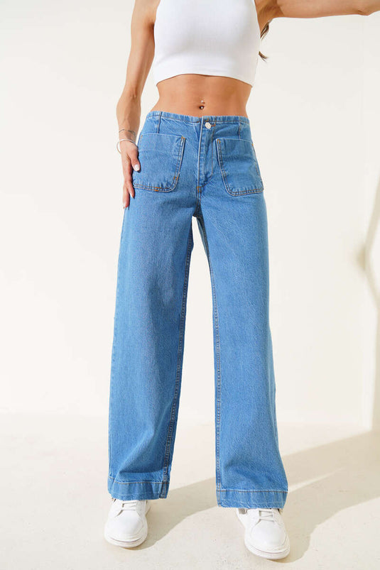 Önü Cepli Kot Pantolon Açık Mavi