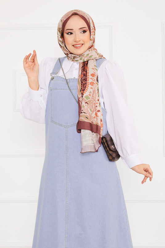 فستان جينز بحجاب وجيب أمامي - أزرق فاتح