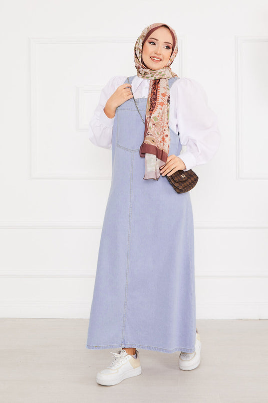 فستان جينز بحجاب وجيب أمامي - أزرق فاتح
