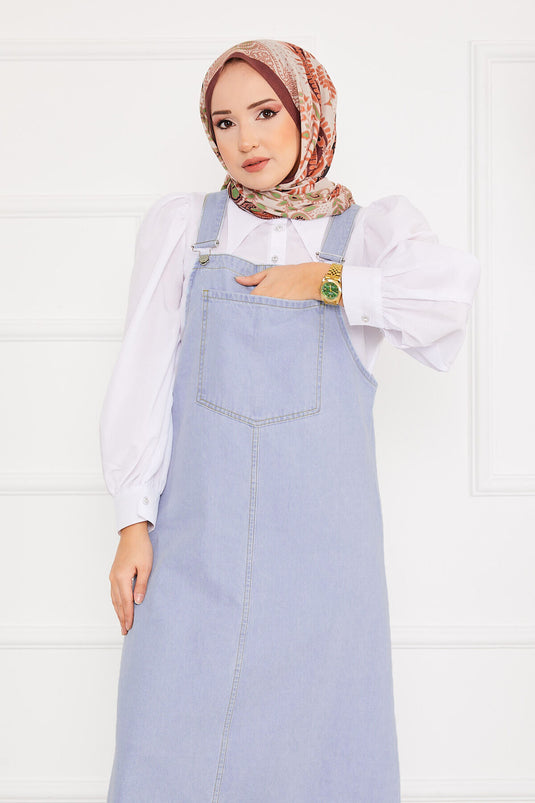 فستان جينز بحجاب وجيب أمامي - أزرق فاتح