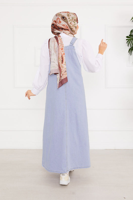 فستان جينز بحجاب وجيب أمامي - أزرق فاتح