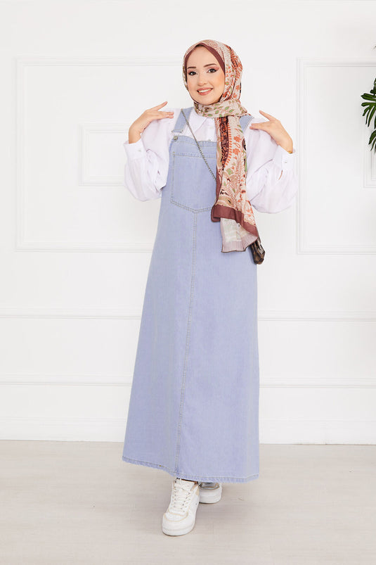 فستان جينز بحجاب وجيب أمامي - أزرق فاتح