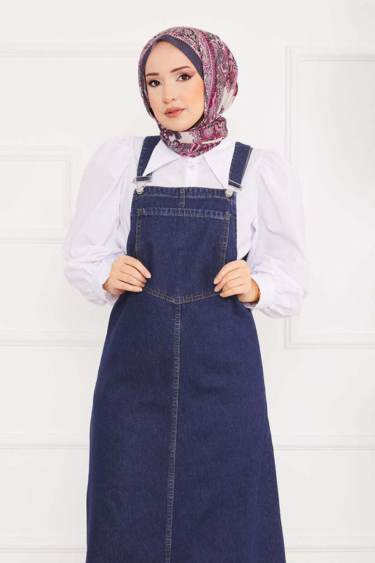 Robe salopette en jean avec poche avant et hijab bleu foncé