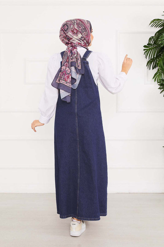 Önü Cepli Tesettür Kot Salopet Elbise Koyu Mavi