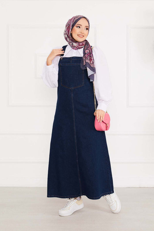 Front Pocket Hijab Denim Overall Dress Navy Blue