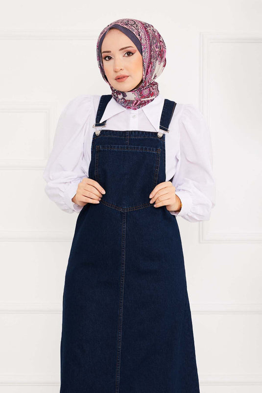 فستان جينز بحجاب وجيب أمامي أزرق داكن