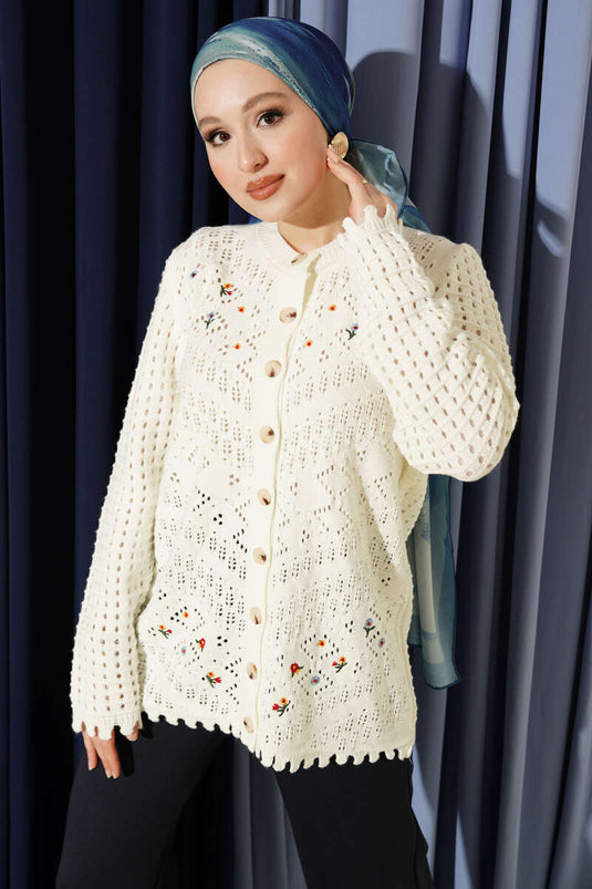 Cardigan ajouré à boutons avec broderie florale sur le devant, couleur écru