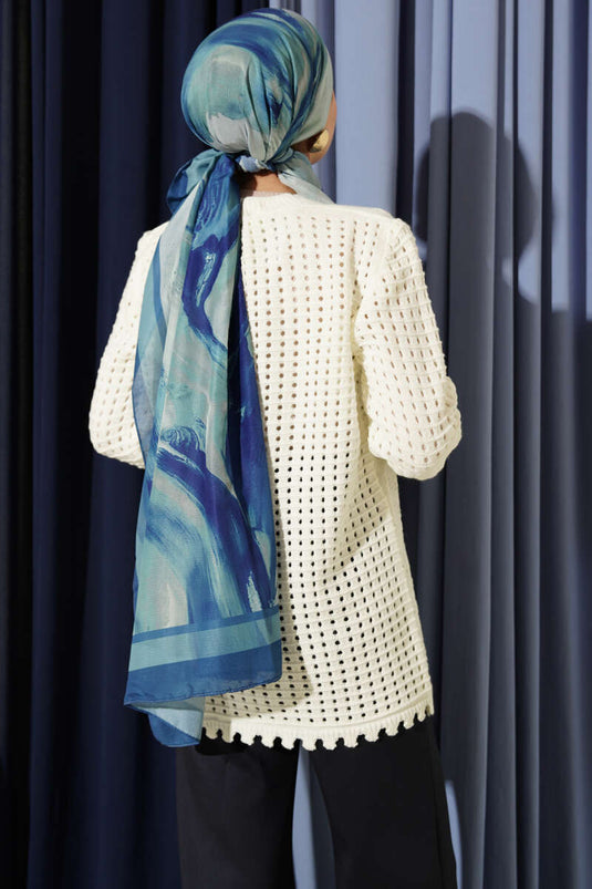 Önü Çiçek Nakışlı Düğmeli Ajurlu Hırka Ekru