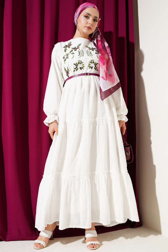 Floral Embroidered Ruffle Front Dress Plum