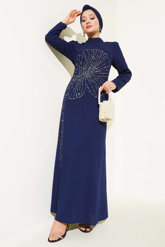 Navy Blue Dress with Flower Stones