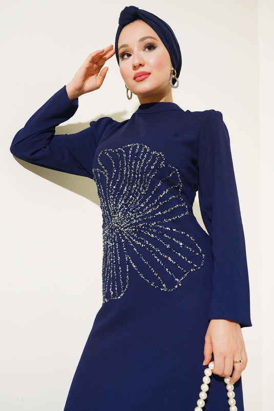 Navy Blue Dress with Flower Stones