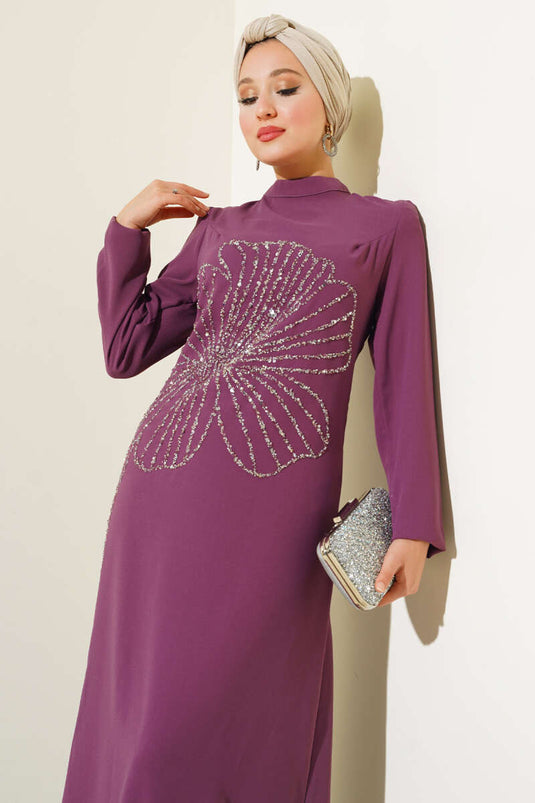 Front Flower Stone Dress Magenta