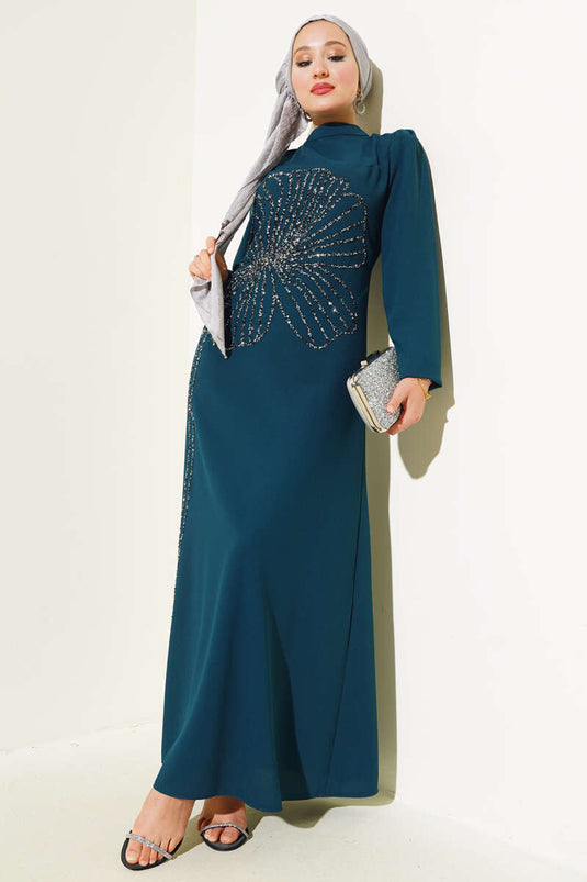 Front Flower Stone Dress Petrol