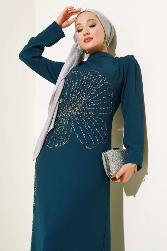 Front Flower Stone Dress Petrol