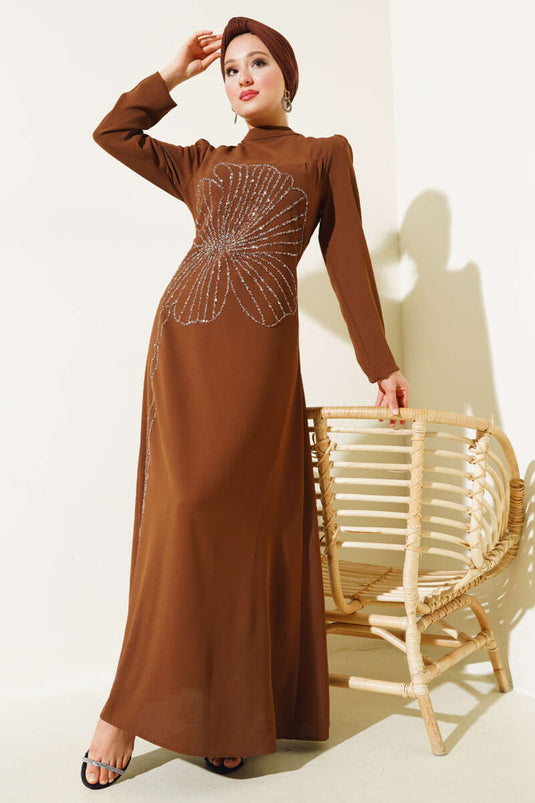 Front Flower Stone Dress Tan