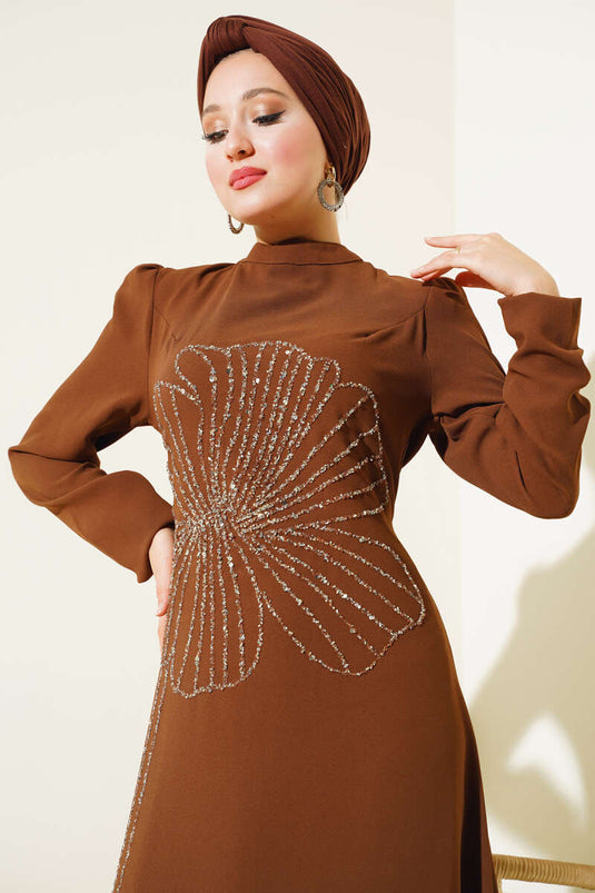 Front Flower Stone Dress Tan