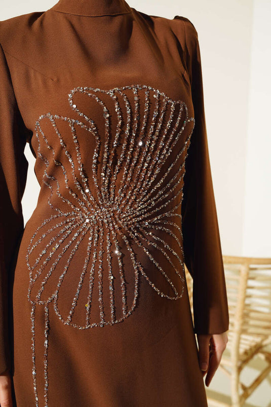 Front Flower Stone Dress Tan