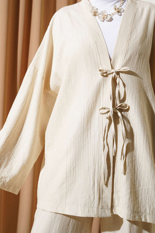 Önü Çift Bağcıklı Kimono İkili Takım Bej