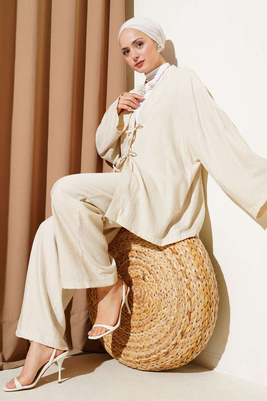 Önü Çift Bağcıklı Kimono İkili Takım Bej