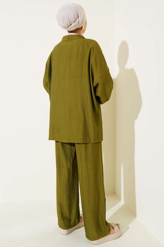 Önü Çift Bağcıklı Kimono İkili Takım Haki