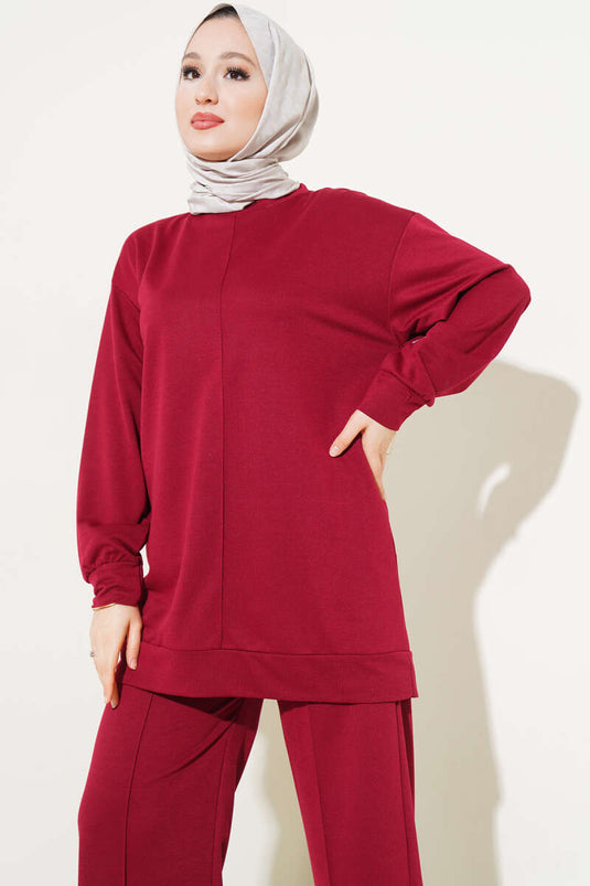 بدلة أساسية مزدوجة مع مشبك في الأمام، لون أحمر كلاريت