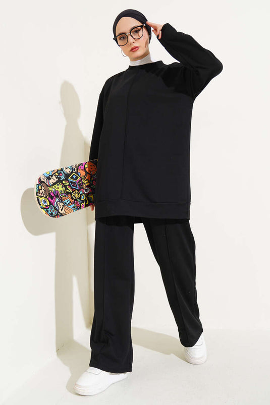 Basic Two Piece Set Black with Front Pocket