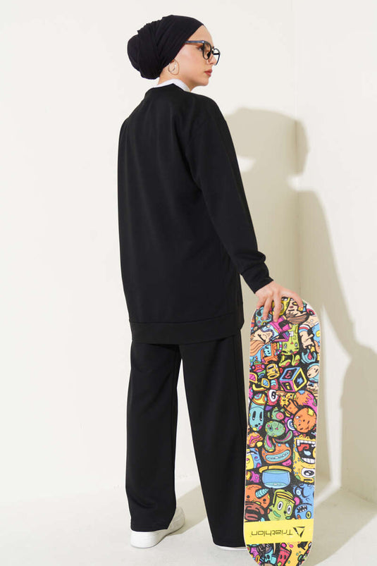 Basic Two Piece Set Black with Front Pocket