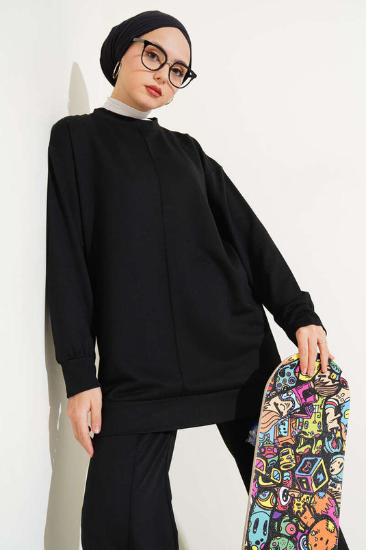 Basic Two Piece Set Black with Front Pocket