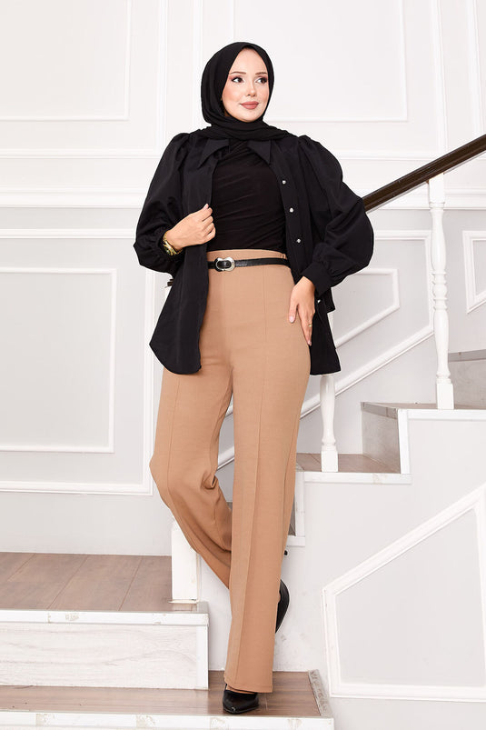 بنطلون بالازو بخصر مطاطي وسحاب أمامي باللون الجمل