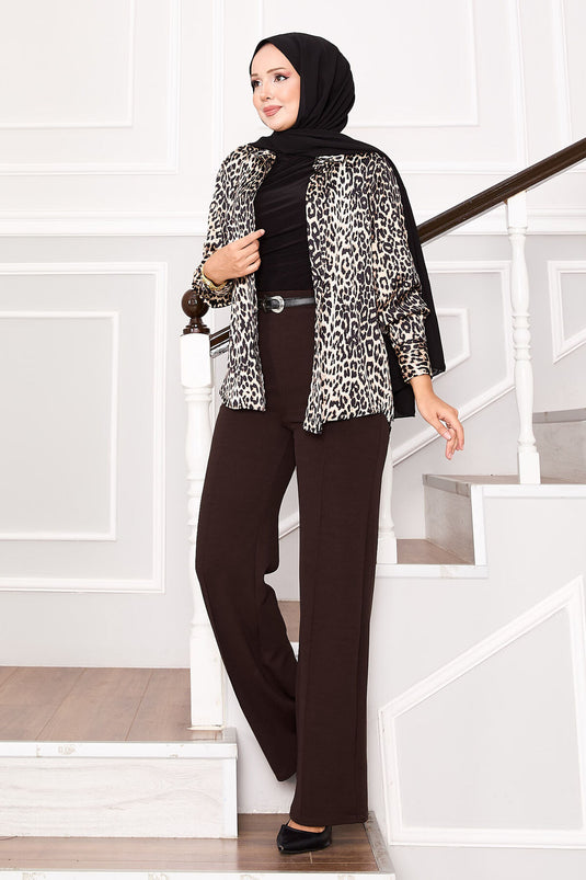 بنطلون بالازو بخصر مطاطي وسحاب أمامي، بني